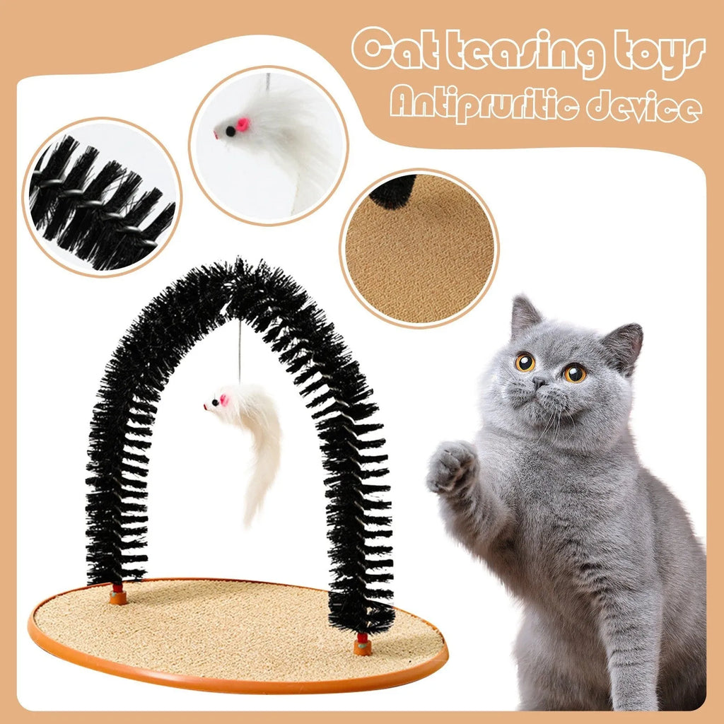 Black arch-shaped cat grooming brush with attached plush mouse toy on non-slip scratching base