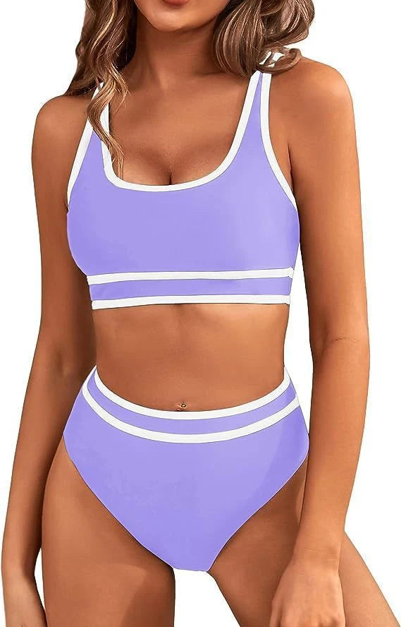 Women's tight-fitting solid colour bikini swimsuit with 15% spandex lining, available in multiple vibrant colours