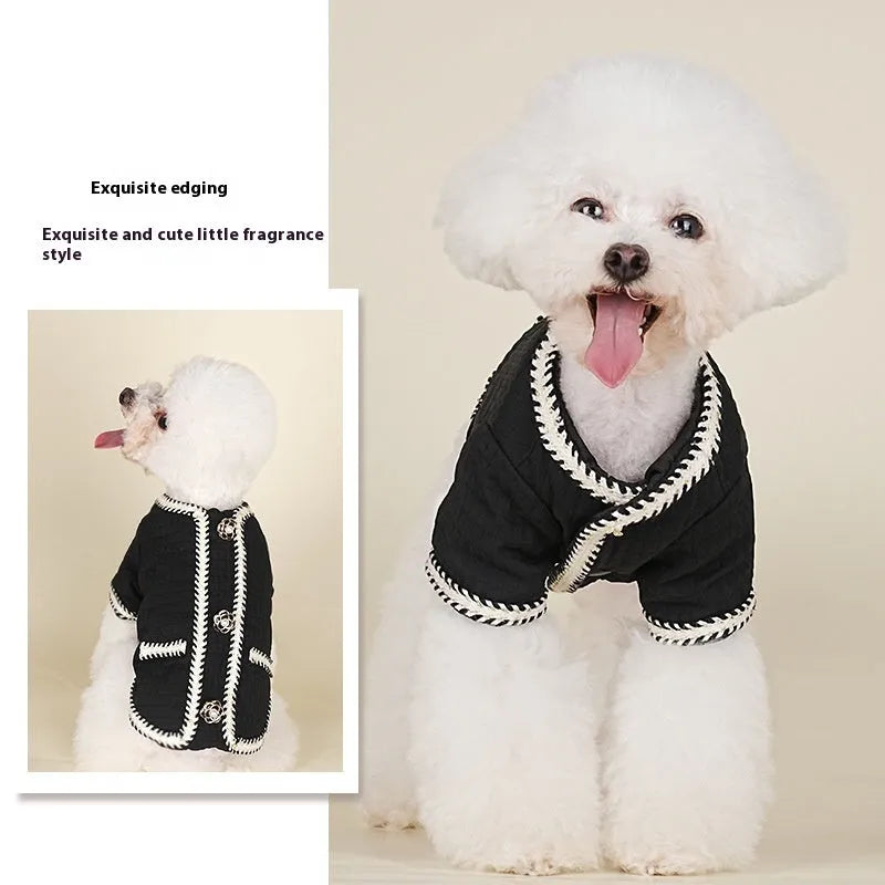 Quilted polyester dog coat with cartoon pattern in light purple colour on medium-sized dog