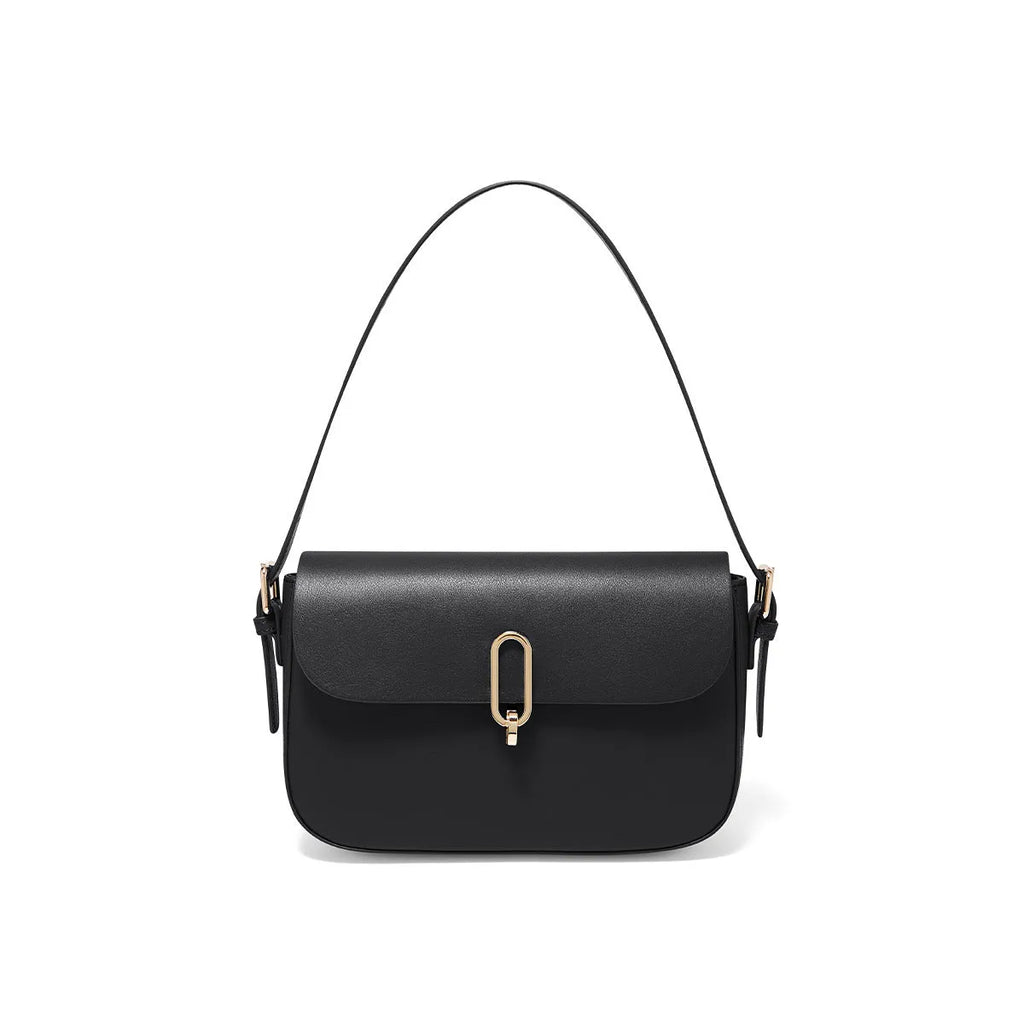 Square leather messenger bag in black with shoulder strap and lock fastener