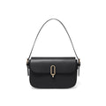 Square leather messenger bag in black with shoulder strap and lock fastener