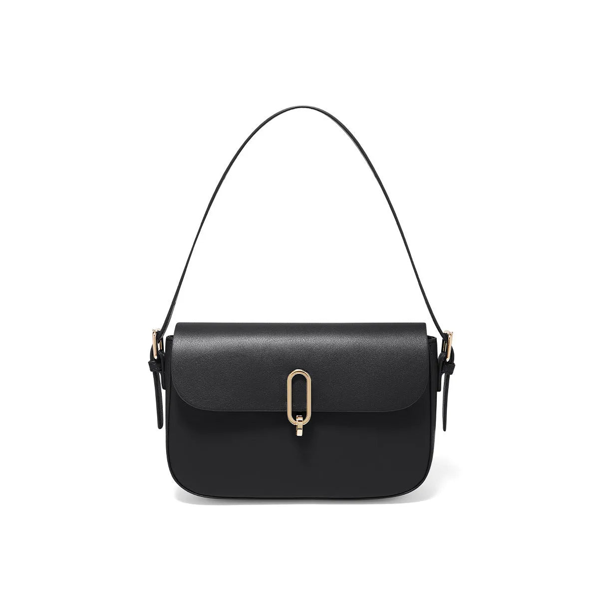 Square leather messenger bag in black with shoulder strap and lock fastener