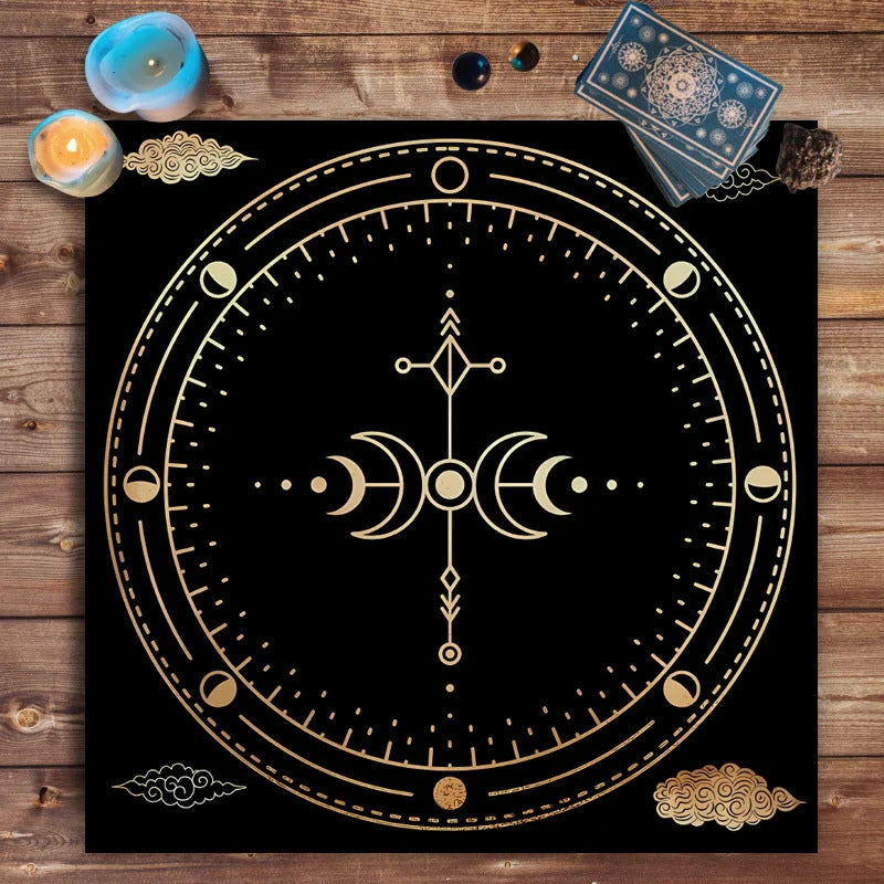 Decorative tablecloth with mandala moon phase and floral butterfly designs for tarot and board games