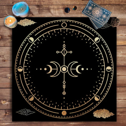 Decorative tablecloth with mandala moon phase and floral butterfly designs for tarot and board games