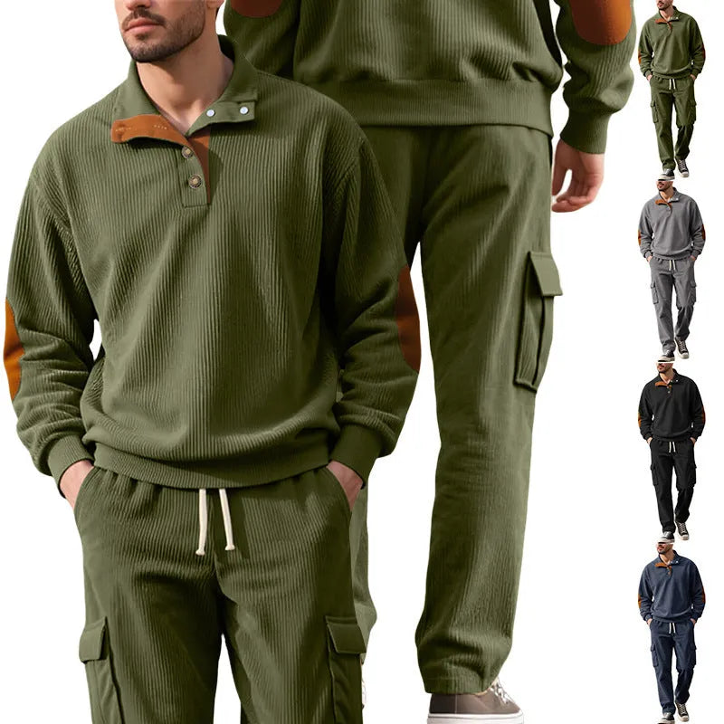 Corduroy sweatshirt and sweatpants set in army green, stand collar pullover style, front view showing long sleeves and full-length trousers