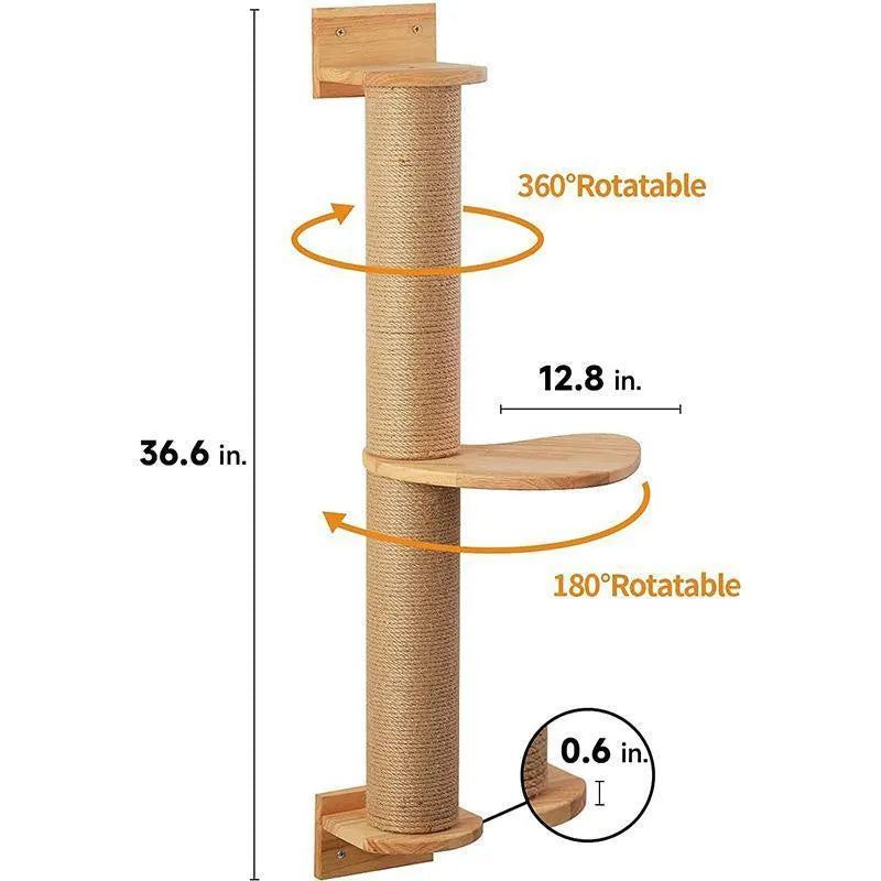 Wood-coloured cat climbing frame with wall platforms and flax cordage scratching surfaces
