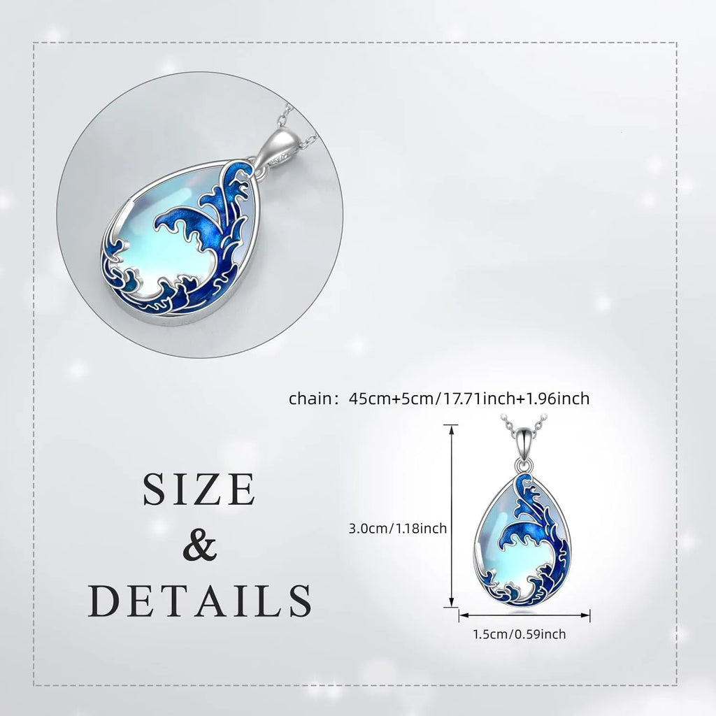 Moonstone blue alloy heart pendant on a women's necklace.