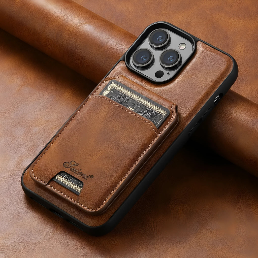 MagSafe silicone iPhone case with rear magnetic card holder in oil wax finish colours.