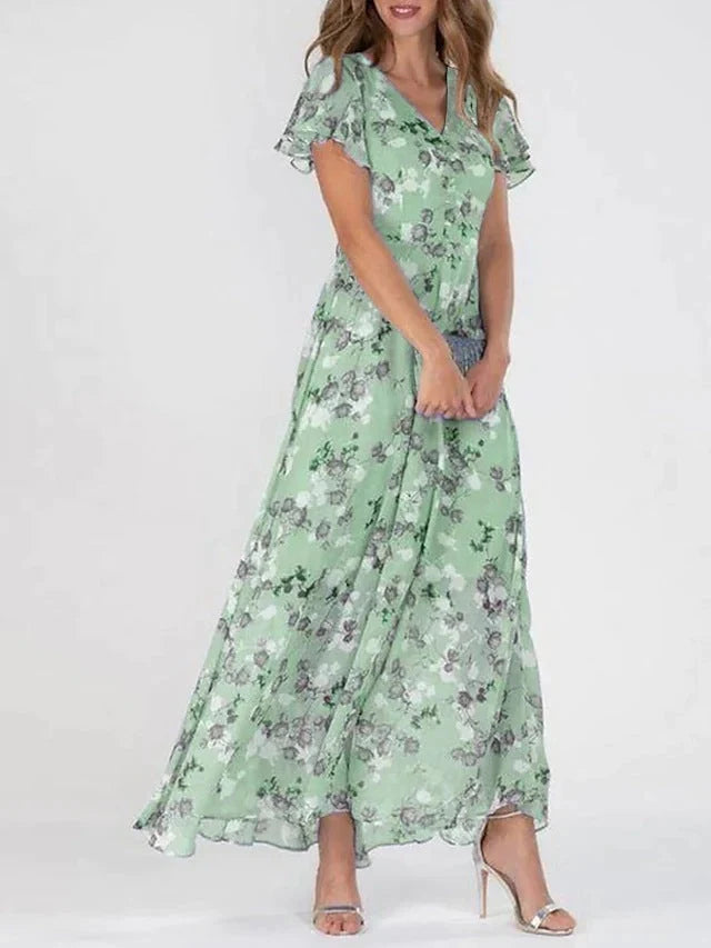 Floral print V-neck A-line dress with ruffle sleeves for women