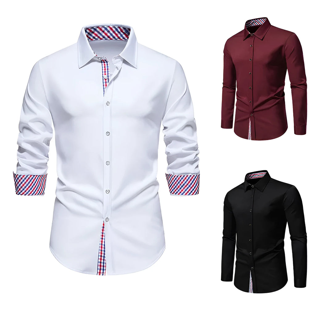 Men's loose-fitting plaid long-sleeved casual shirt in wine red, hanging on a background.