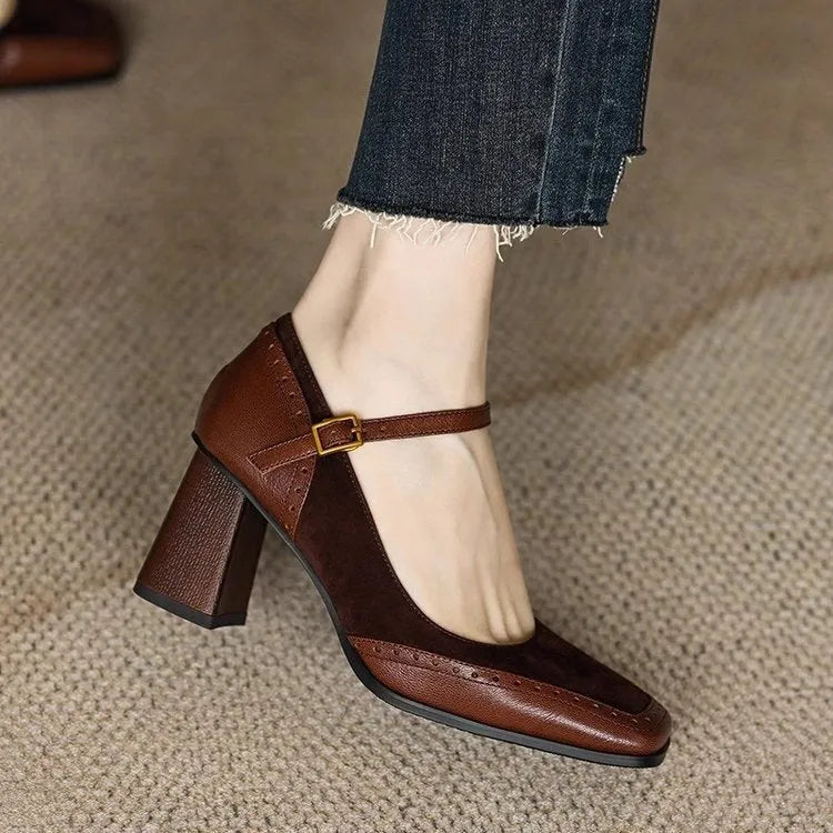 French style square toe chunky heel suede high heel shoes for women in black and brown