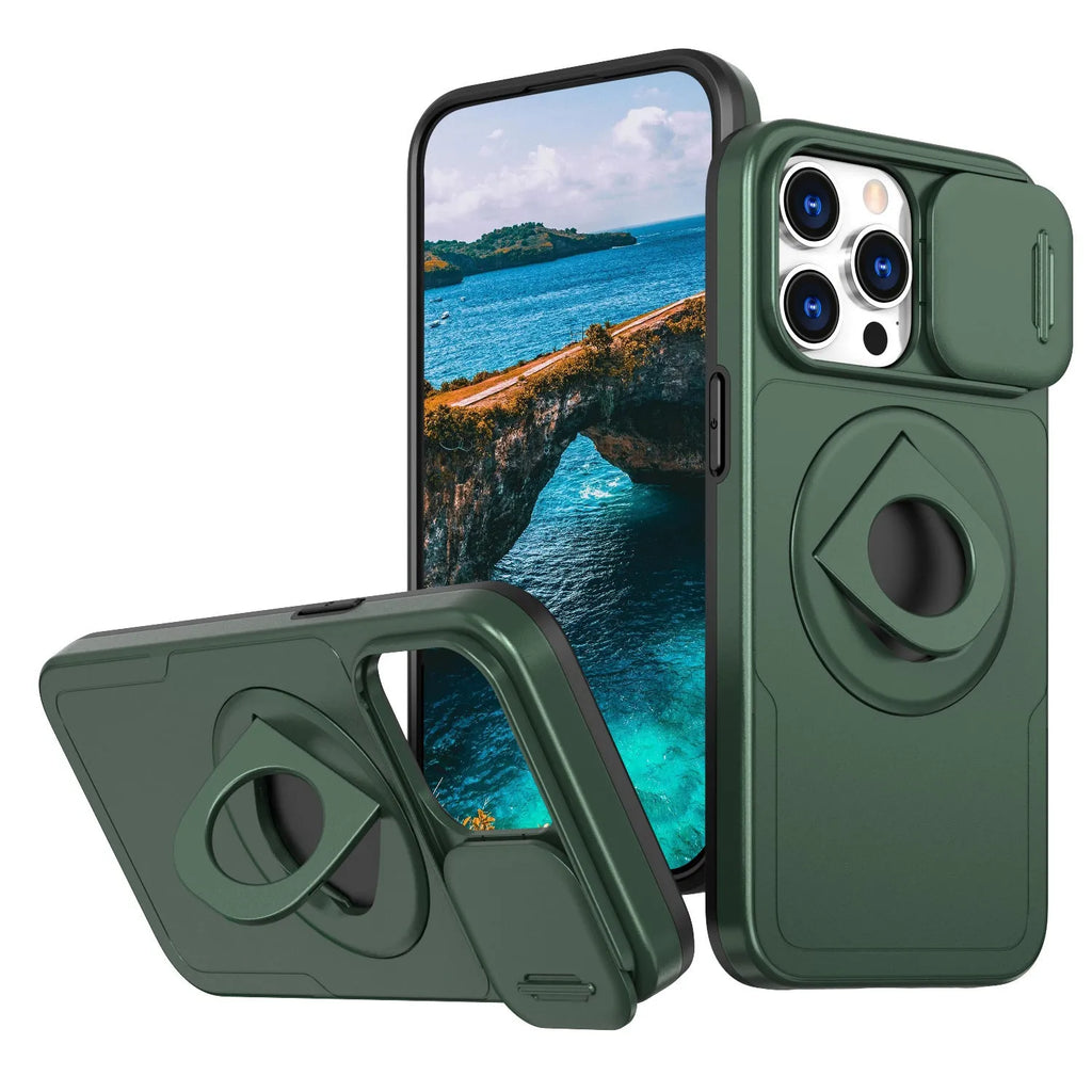 Black phone case with sliding window and magnetic ring bracket for Apple iPhone models