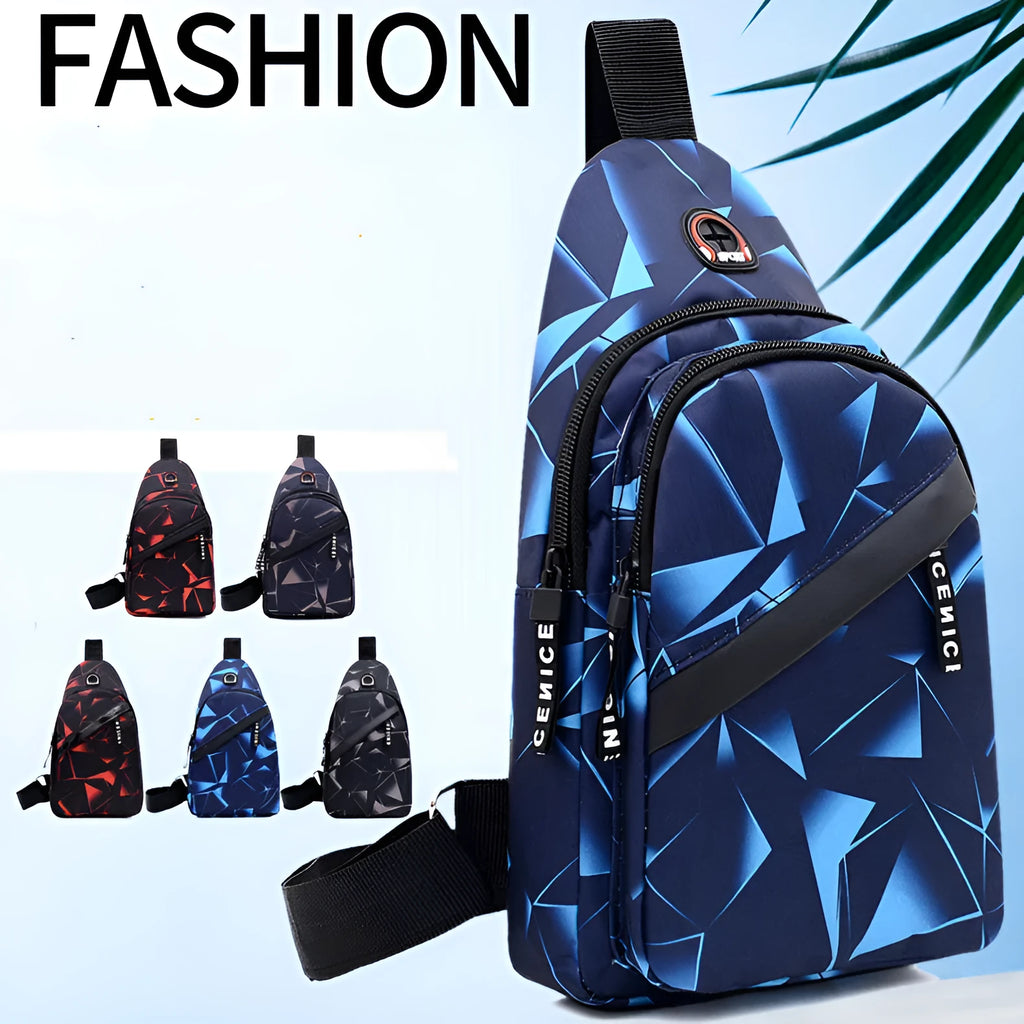 A blue print sling chest bag for men with an earphone hole, shown in a square vertical crossbody style.