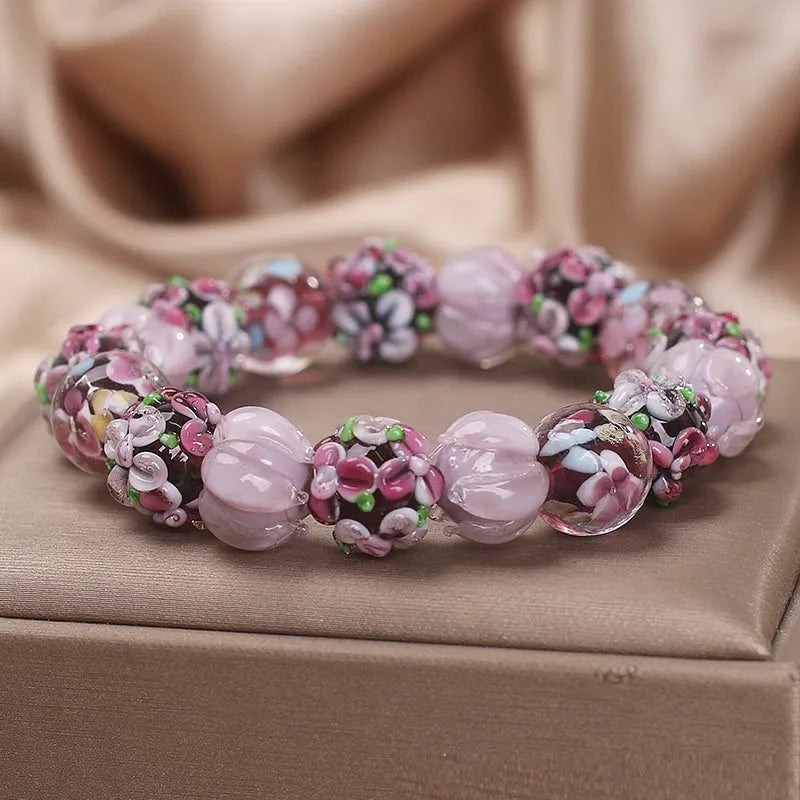 Chinese style purple floral glass bead bracelet for women with electroplated finish