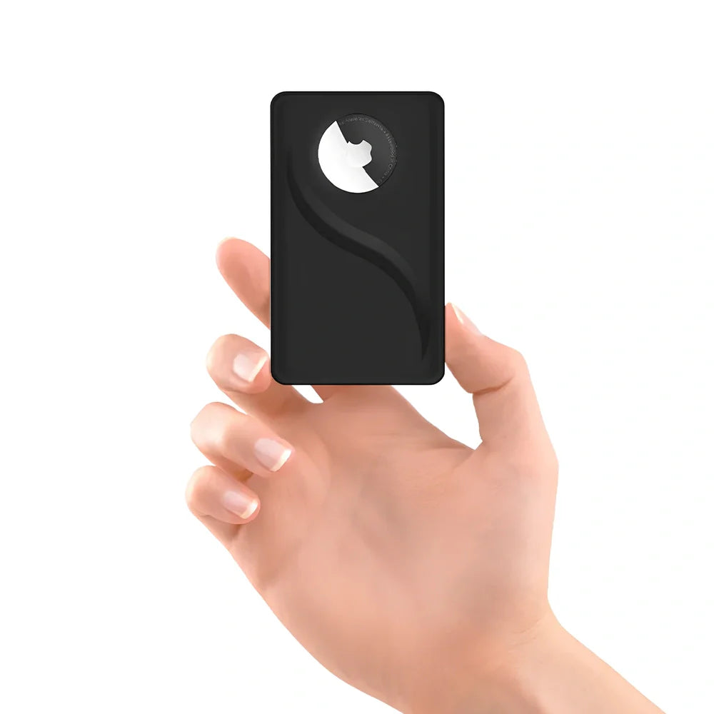 Black plastic AirTag protective sleeve in wallet card case design, 8.5cm x 5.4cm slim fit for secure tracking