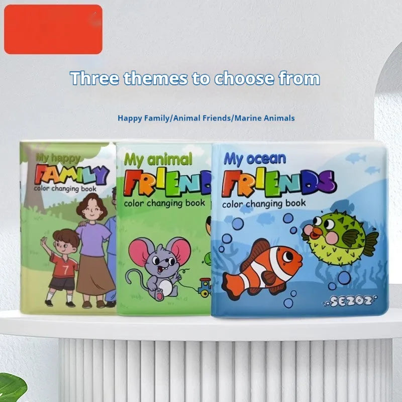 Magic Water Painting Colour Changing Bath Book with PEVA pages for baby bath time, showing animal friends theme