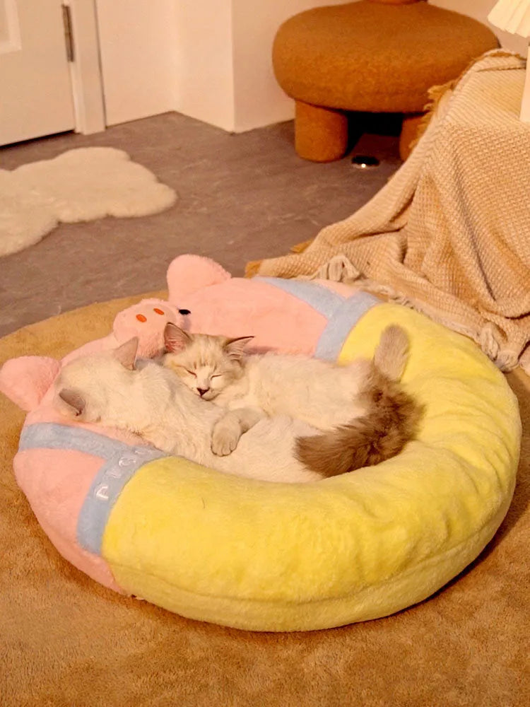 Yellow felted fabric cat house mat bed measuring 56x56x13 cm for winter and all season use