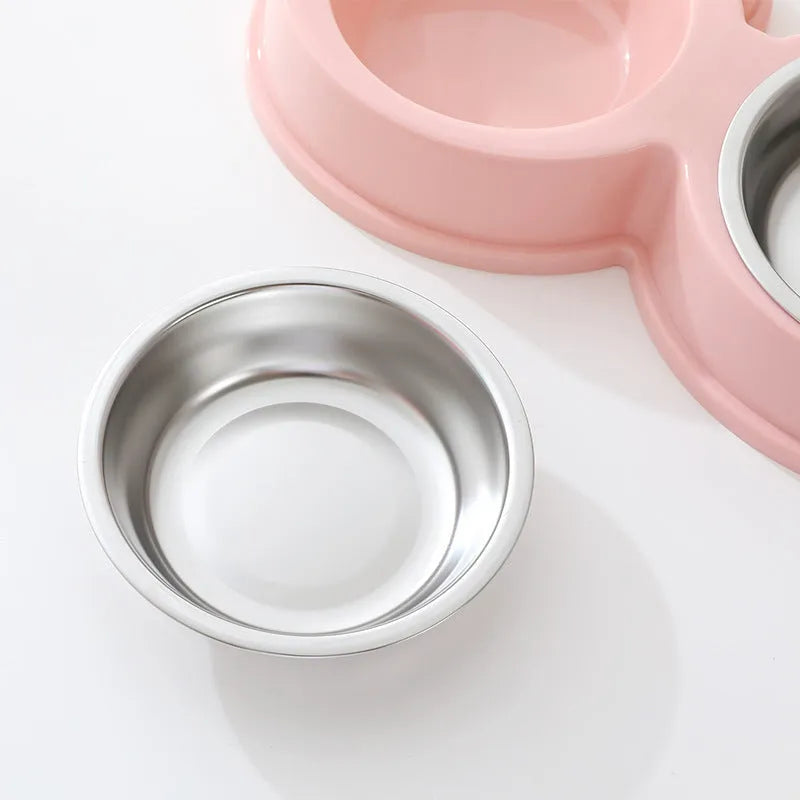 Blue stainless steel double pet bowl with frog design and non-slip base for cats and dogs