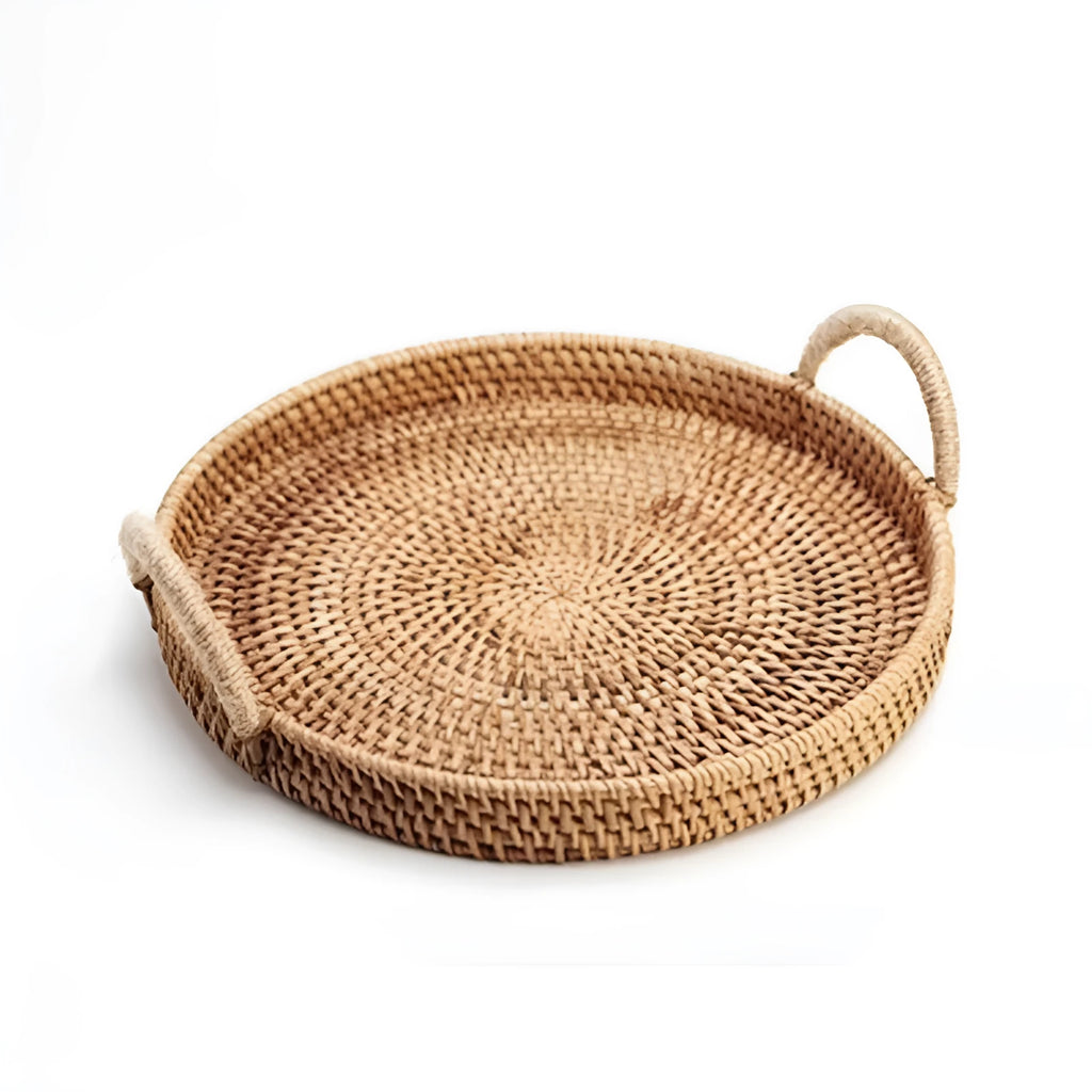 Round handwoven rattan storage basket with wooden handle in three size options