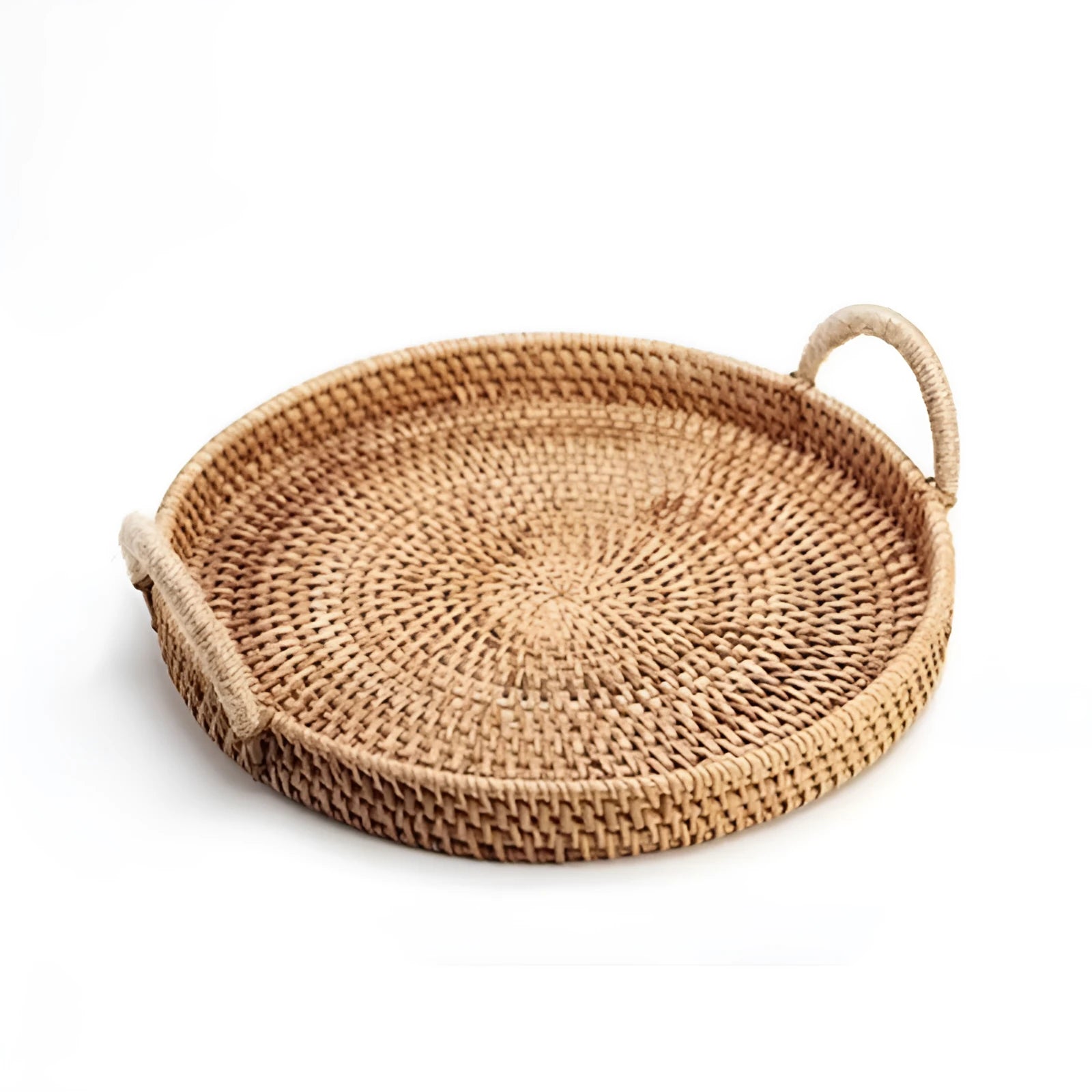Round handwoven rattan storage basket with wooden handle in three size options