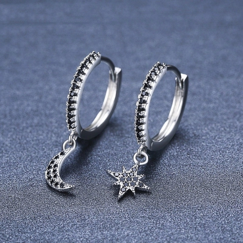 Black copper star and moon earrings for women with a natural style