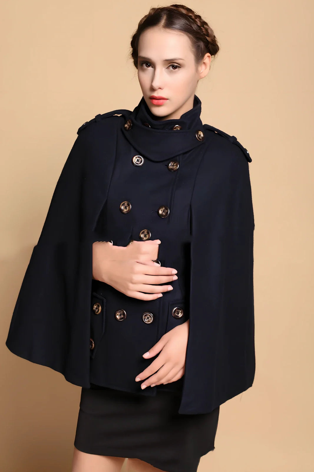 Navy blue women's double-breasted woolen cape-style coat, sleeveless slim fit, medium 65-80cm length, wool-polyester blend