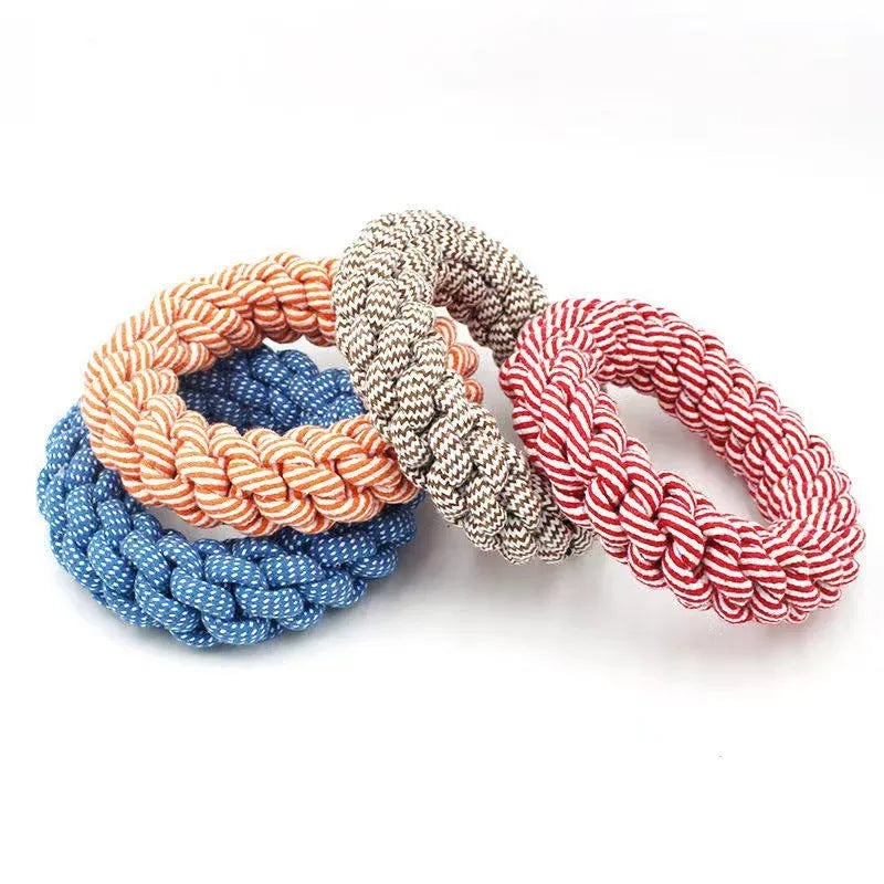 Cotton string braided ring dog chew toy measuring 18cm with knotted texture