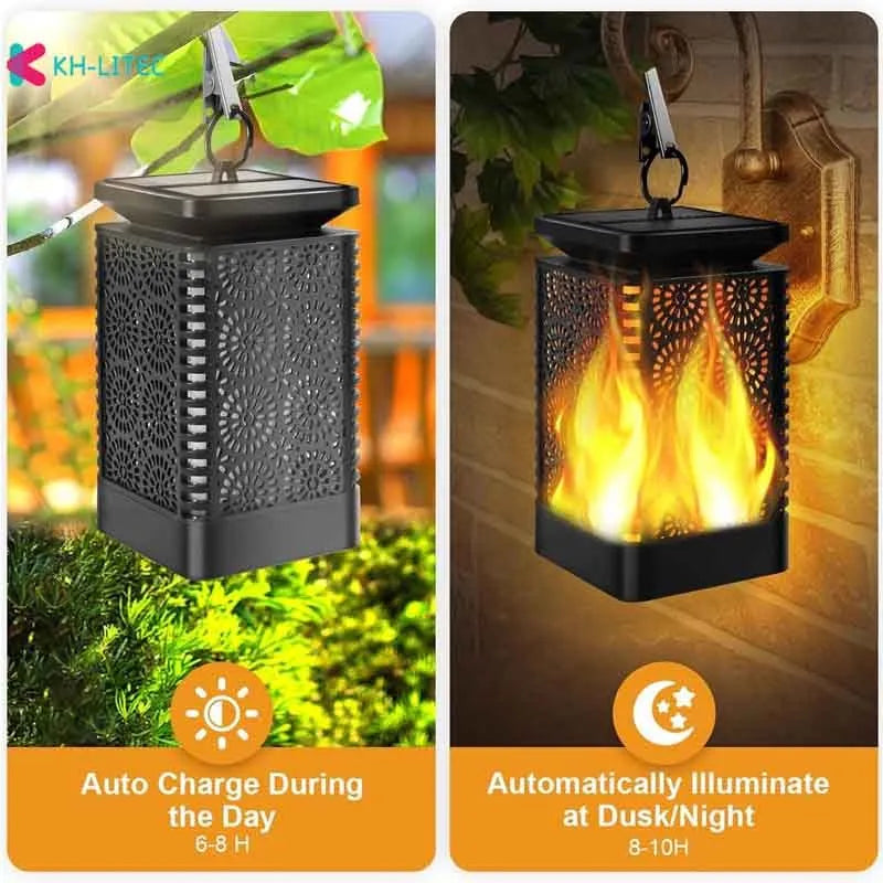 Four black solar-powered hanging lanterns with flickering flame LED light effect for outdoor garden decoration.