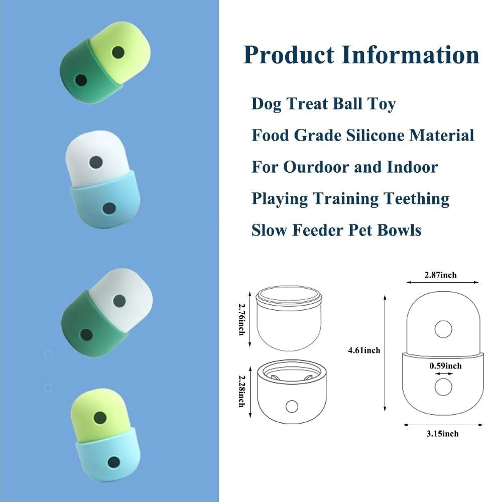 Dog treat puzzle toy in food grade silicone measuring 8x11cm with interactive chase design