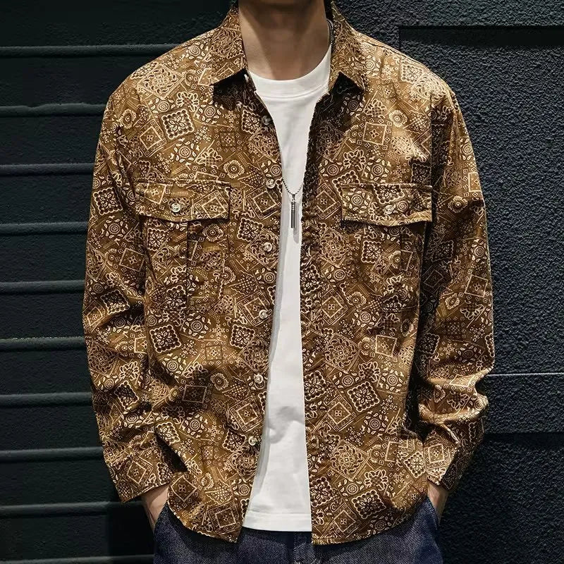 Men's casual denim print shirt in navy blue with long sleeves and lapel collar in polyester fabric