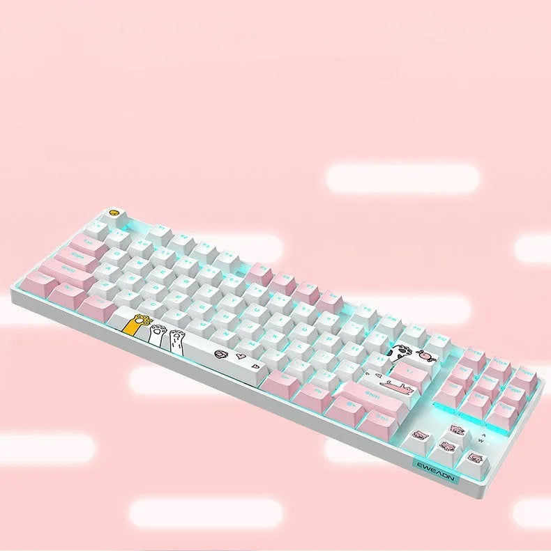 TK916 87-key green shaft RGB mechanical keyboard with metal panel and USB cable, white and pink colour