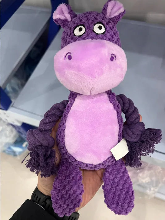 Hippo plush dog toy with integrated cotton rope for tug of war training