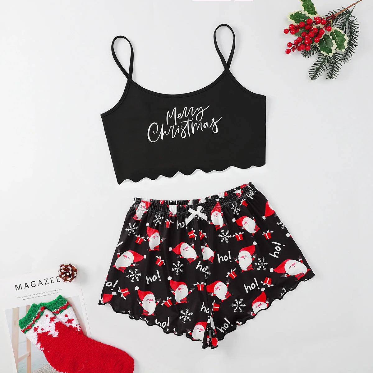 Women's Christmas-themed milk silk pajamas set with sleeveless top and shorts