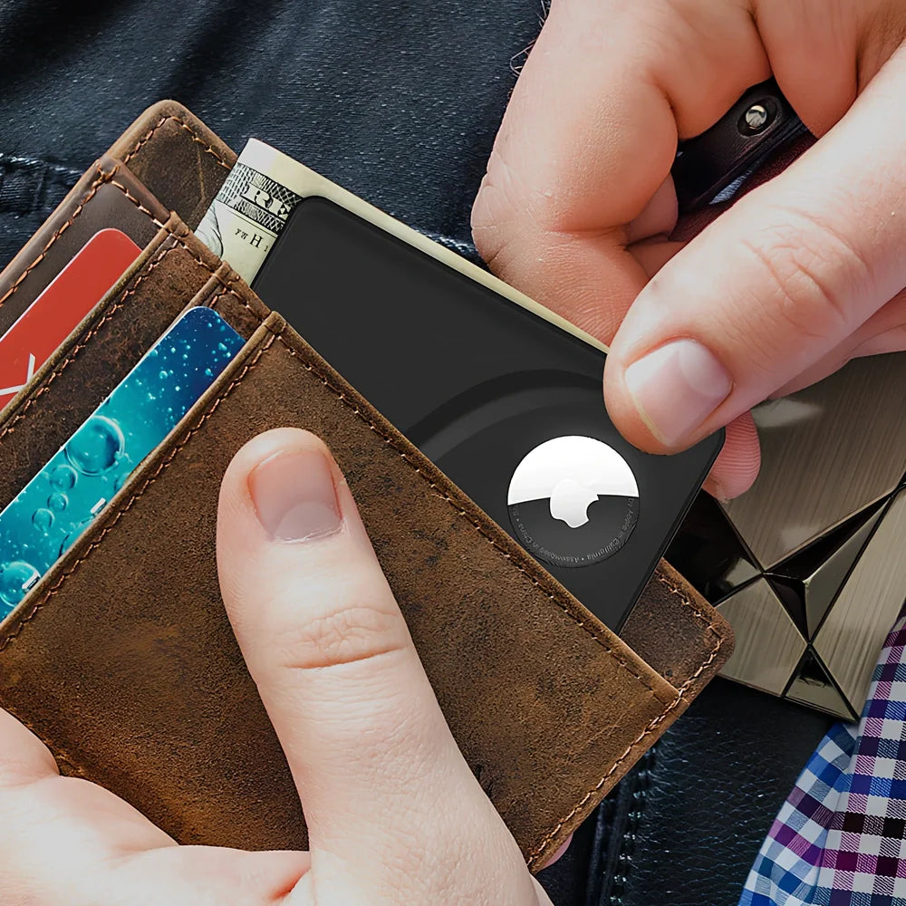 Black plastic AirTag protective sleeve in wallet card case design, 8.5cm x 5.4cm slim fit for secure tracking