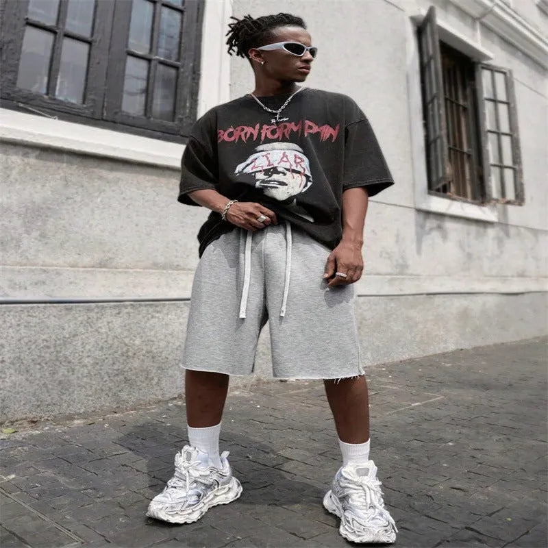 Men's straight-leg medium-long trousers in black, green, or light grey for streetwear and casual sports