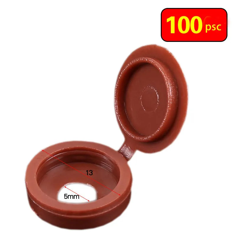 100 brown plastic furniture eccentric screw covers in a bag on a white background