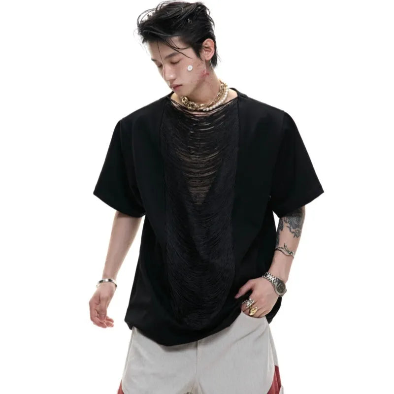 Men's black loose fit V-neck T-shirt with hollow out design and short sleeves