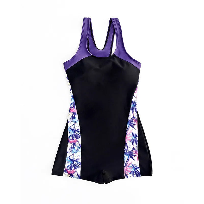 Women's one-piece floral print backless swimsuit in polyester, available in blue, green, purple, and fluorescent green, sizes S to XL