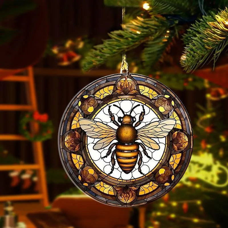 Acrylic round pendant with cartoon bee design in bee disc colour, suitable for car interior or backpack decoration