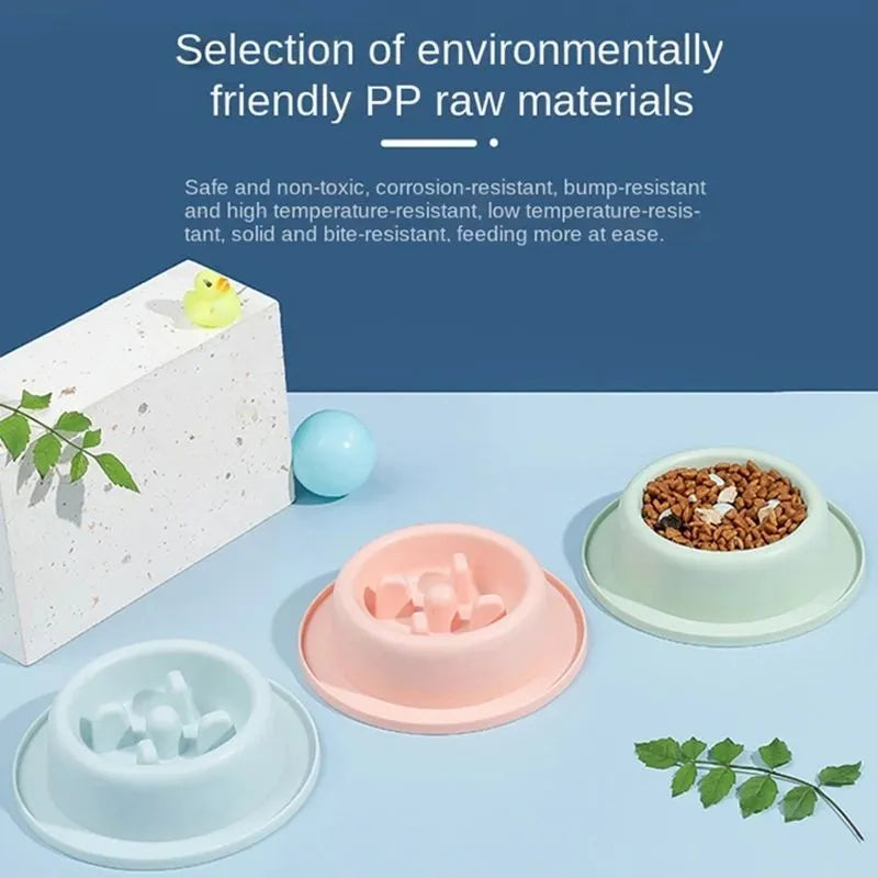Blue PP plastic slow feeder dog bowl with maze pattern and non-slip base