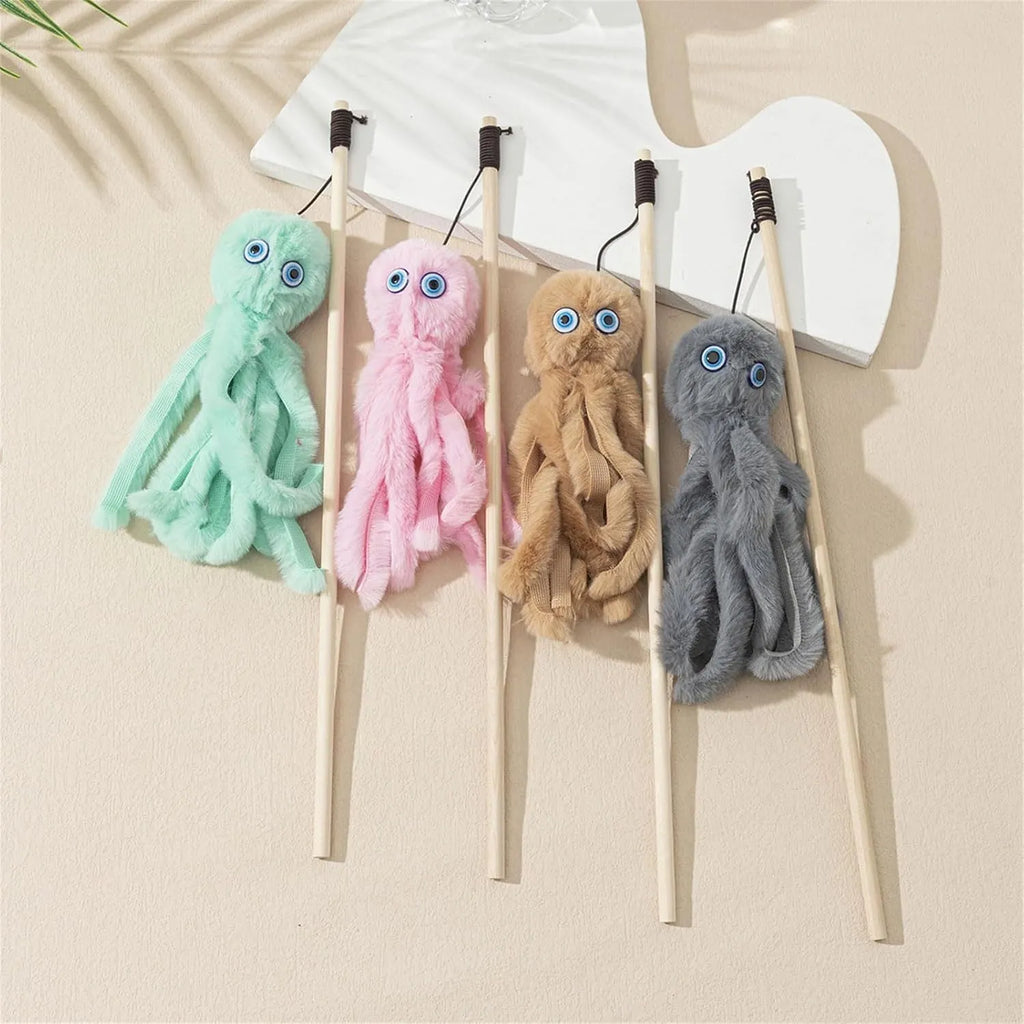 Furry octopus cat toy with eyes on a 40cm flexible stick in grey, pink, purple or red colours