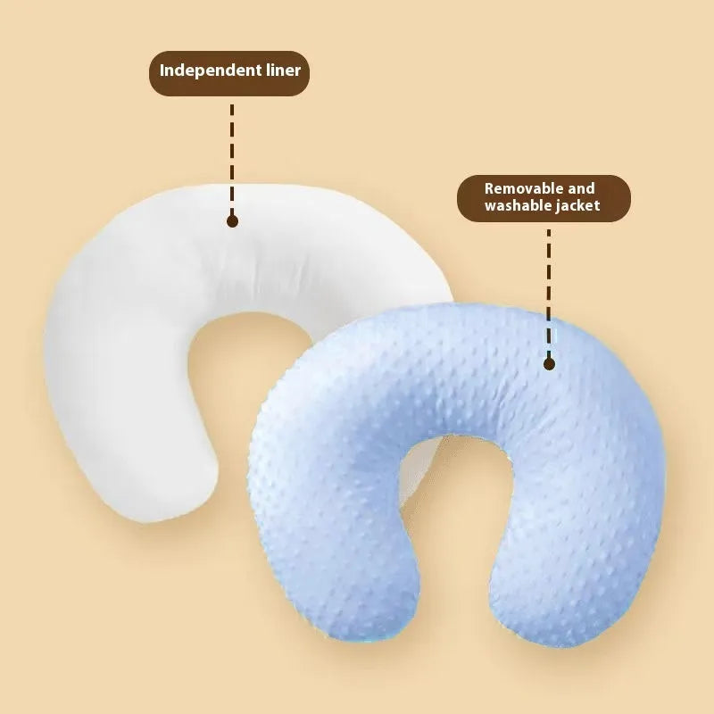 Nursing pillow with milk spill prevention design in choice of pink, yellow, grey, or light blue colour