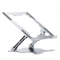 Grey aluminium laptop stand with adjustable angle, shown folded and unfolded next to a laptop.