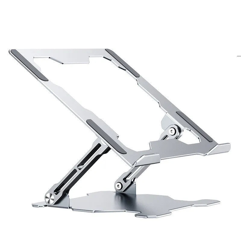 Grey aluminium laptop stand with adjustable angle, shown folded and unfolded next to a laptop.