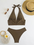 Women's brown polyester quick-dry bikini split swimsuit, sleeveless, available in sizes S M L