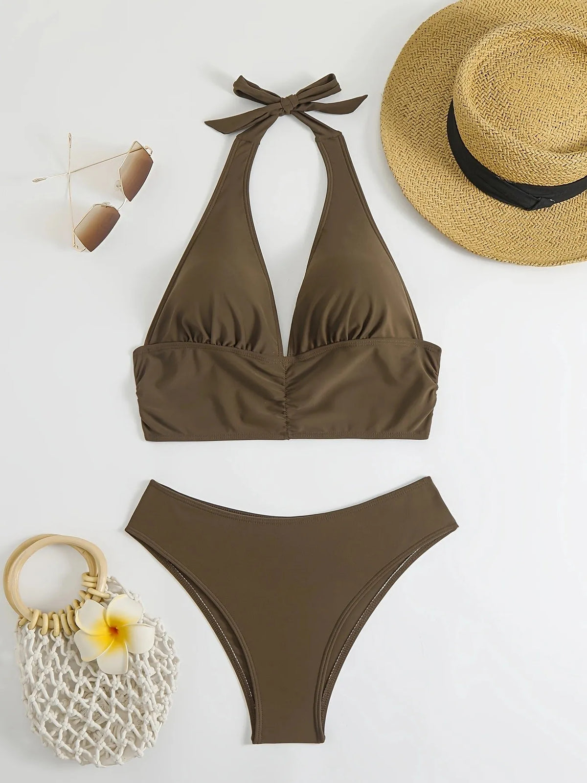 Women's brown polyester quick-dry bikini split swimsuit, sleeveless, available in sizes S M L
