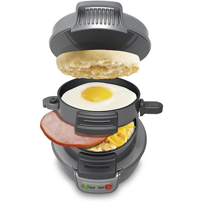 Versatile breakfast sandwich maker with egg cooker, bread machine, and waffle functions in bright red, orange, and silver gray colors