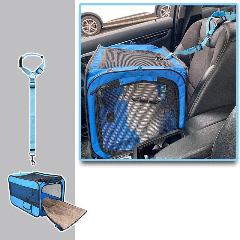 Premium soft-sided pet carrier with seatbelt straps, foldable design, and removable cushion for safe and comfortable pet travel