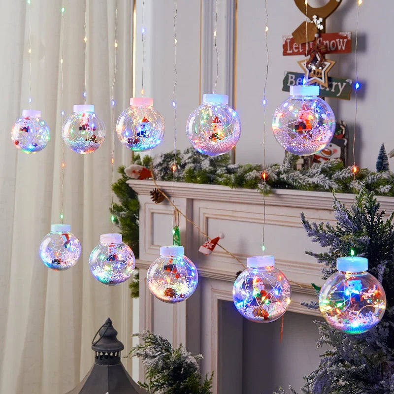 10PCS LED Christmas curtain lamp set with fairy, snowman, and Christmas tree designs
