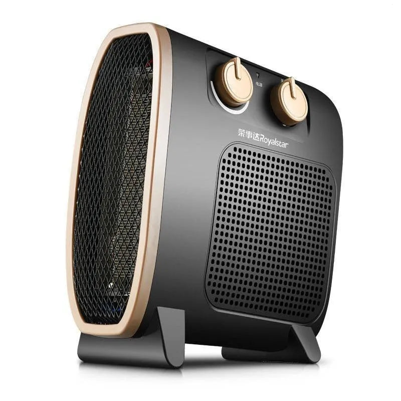 White and black gold portable electric fan heater with mechanical control knobs on the front.